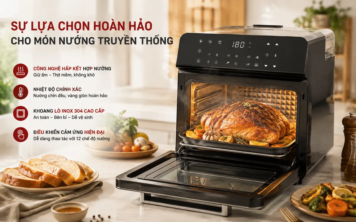 Lò nướng điện hiện đại với cửa mở, bên trong là bánh mì hoặc thịt nướng vàng óng, hoàn hảo cho các món nướng truyền thống.