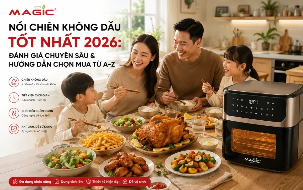 Mâm cơm gia đình ấm cúng với các món ăn lành mạnh, ngon miệng được chế biến bằng nồi chiên không dầu, bữa ăn dinh dưỡng hấp dẫn.