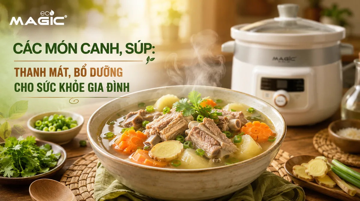 Nồi Nấu Chậm Nấu Được Món Gì? Khám Phá Ẩm Thực Đa Dạng Cùng Trợ Thủ Nhà Bếp Hiện Đại 4 Tô canh sườn hầm rau củ nóng hổi, bốc khói, bổ dưỡng được nấu từ nồi nấu chậm Magic.