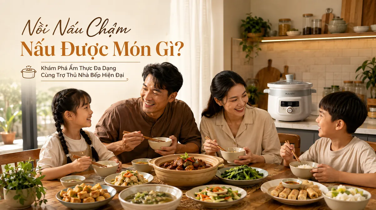 Nồi Nấu Chậm Nấu Được Món Gì? Khám Phá Ẩm Thực Đa Dạng Cùng Trợ Thủ Nhà Bếp Hiện Đại 1 Gia đình sum vầy hạnh phúc thưởng thức bữa ăn ngon với các món nấu từ nồi nấu chậm hiện đại Magic trên bàn bếp.