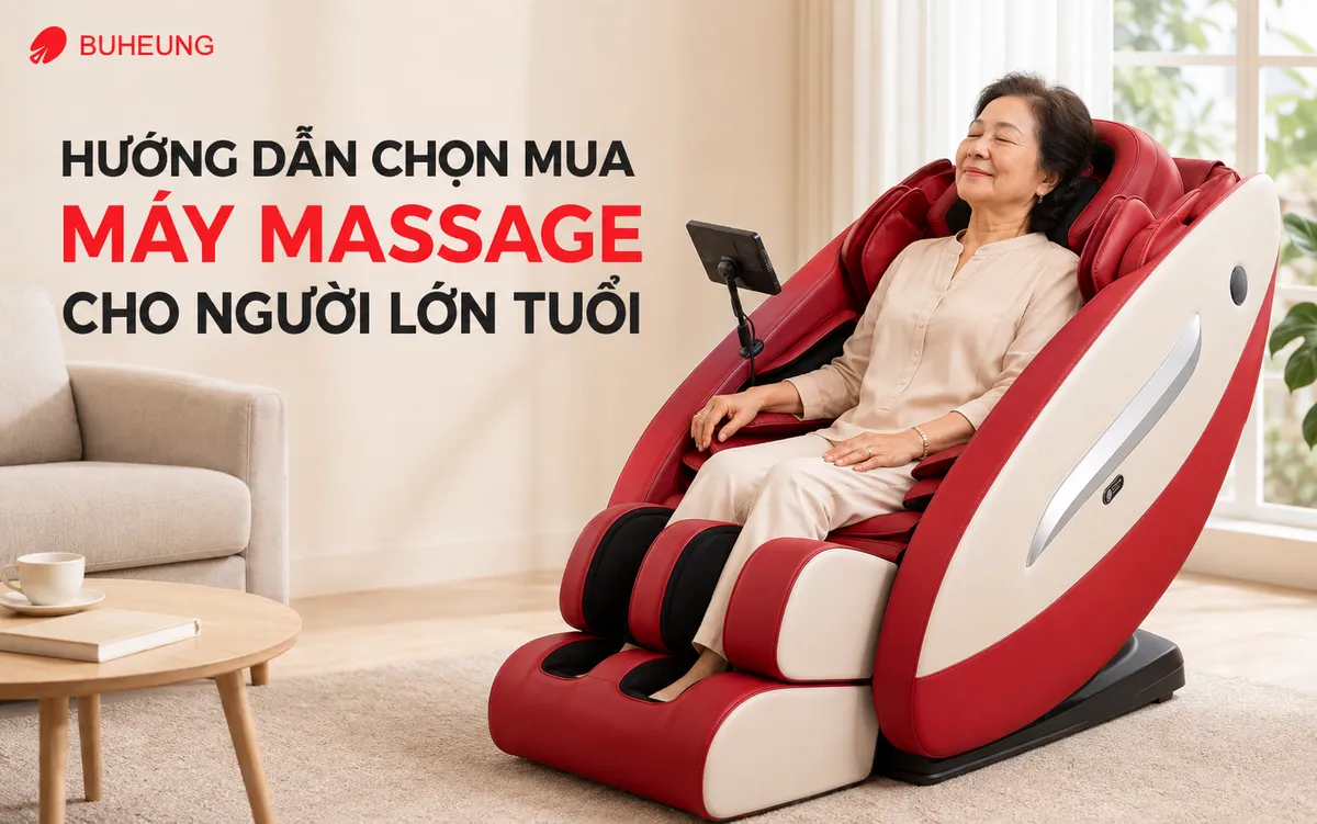 Hình ảnh người cao tuổi thư giãn trên ghế massage Buheung, thể hiện sự thoải mái và lợi ích của máy massage cho sức khỏe người lớn tuổi.