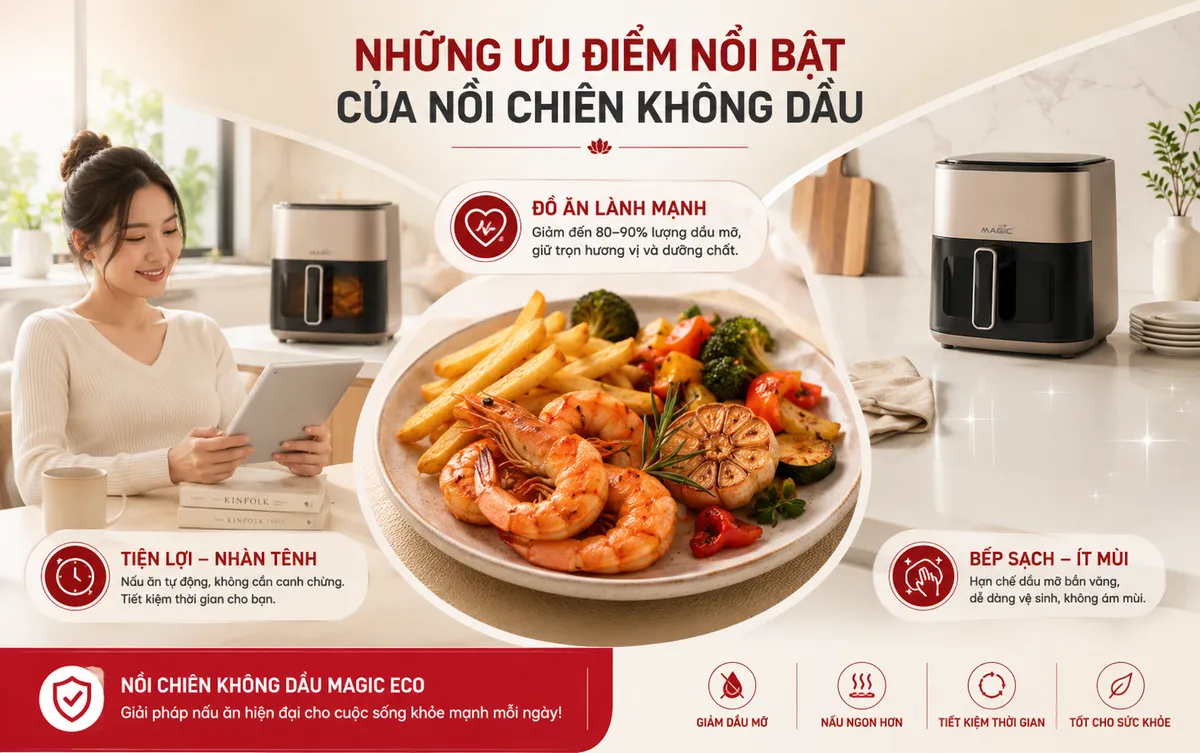 Có Nên Mua Nồi Chiên Không Dầu Không? Phân Tích Ưu Nhược Điểm & Lời Khuyên Từ Chuyên Gia 3 Ảnh tổng hợp ba lợi ích của nồi chiên không dầu Magic: bữa ăn lành mạnh, người nấu thư thái và không gian bếp luôn sạch sẽ, gọn gàng, không mùi dầu mỡ.