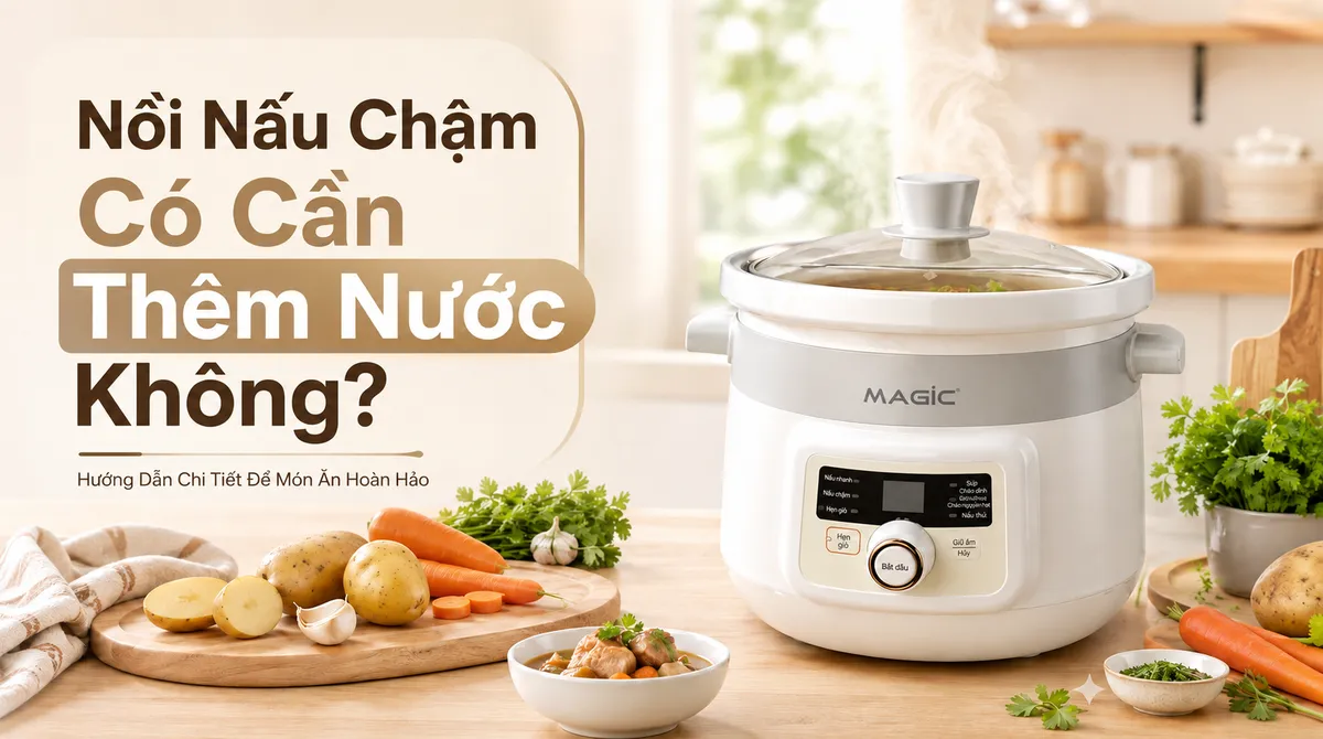 Nồi Nấu Chậm Có Cần Thêm Nước Không? Hướng Dẫn Chi Tiết Để Món Ăn Hoàn Hảo 4 Hình ảnh nồi nấu chậm Magic đang hoạt động, hơi nước bốc lên từ nắp, minh họa cơ chế giữ ẩm hiệu quả của nồi, giải đáp thắc mắc nồi nấu chậm có cần thêm nước không.