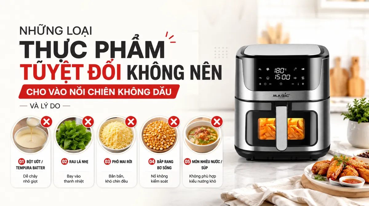 Thực Phẩm Không Nên Cho Vào Nồi Chiên Không Dầu: Hướng Dẫn An Toàn Từ A-Z 3 Món ăn tẩm bột ướt bị bết dính và cháy đen trong giỏ chiên không dầu, minh họa thực phẩm không nên cho vào nồi chiên không dầu.