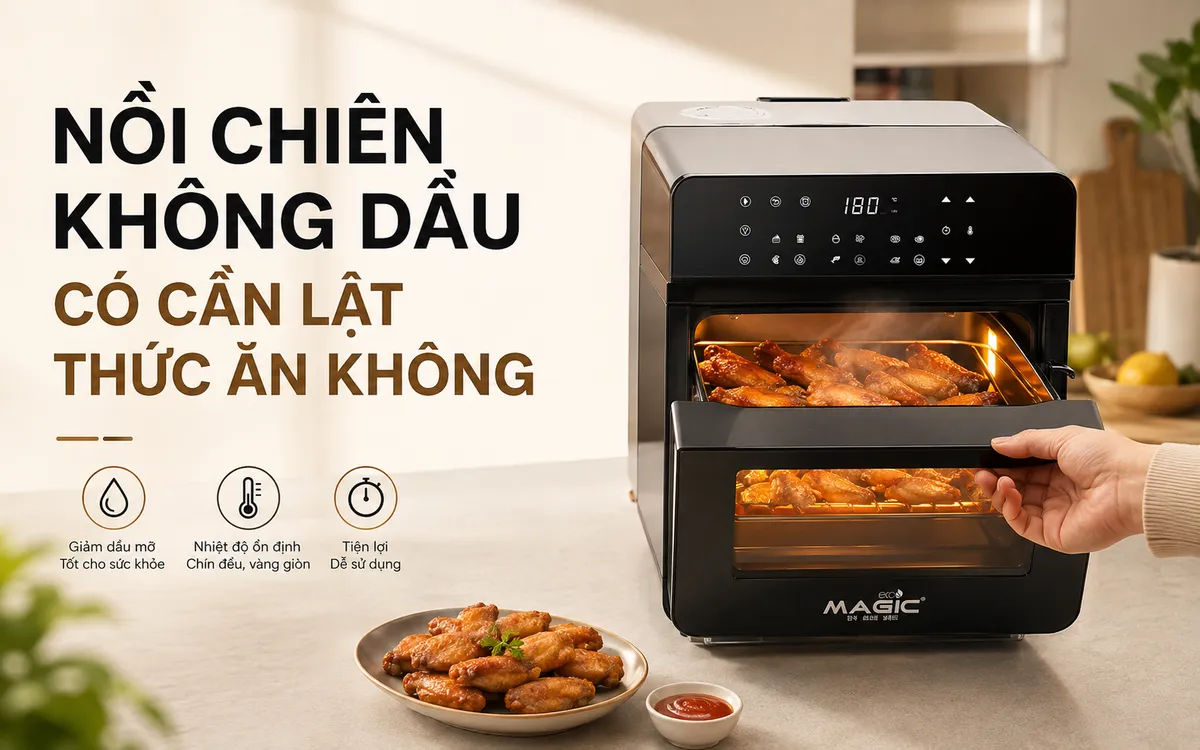 Hướng dẫn toàn diện về nồi chiên không dầu có cần lật thức ăn không 1 Hình ảnh minh họa thắc mắc nồi chiên không dầu có cần lật thức ăn không, với món ăn chín vàng đều hấp dẫn.