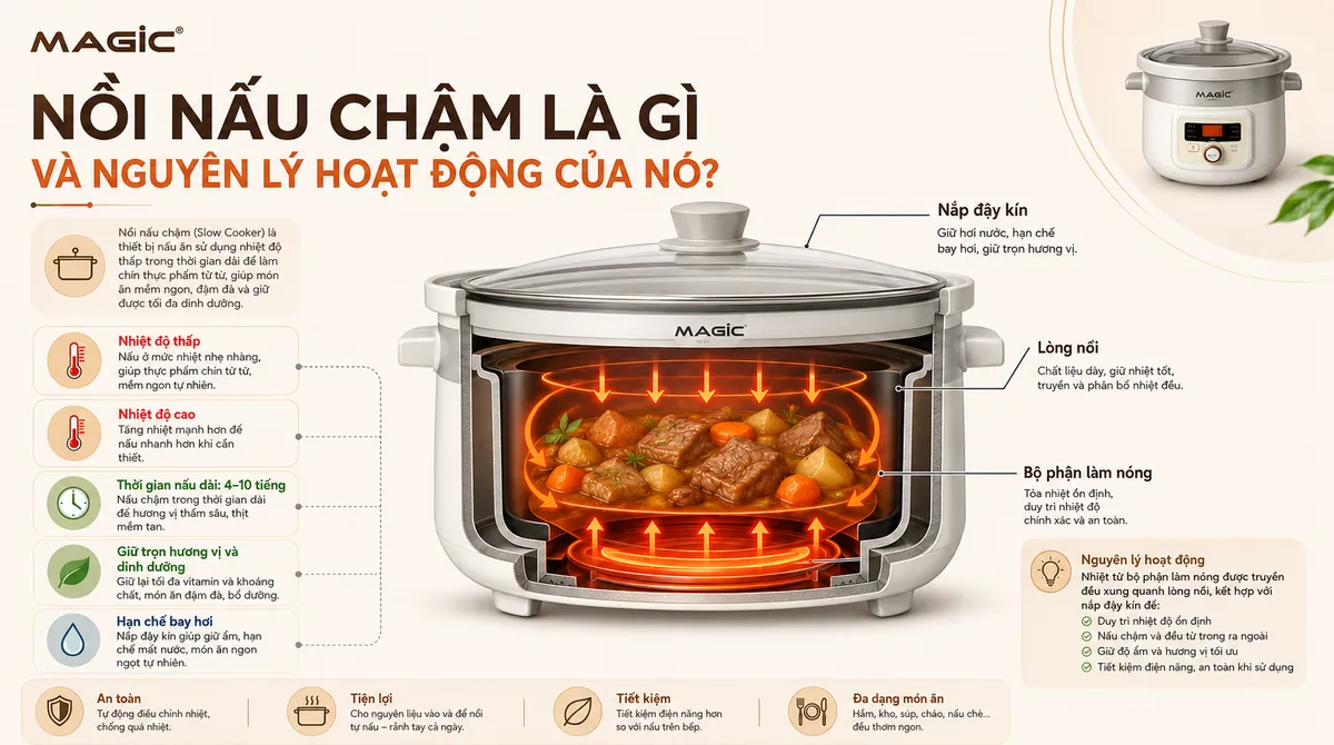 Nồi Nấu Chậm Nấu Được Món Gì? Khám Phá Ẩm Thực Đa Dạng Cùng Trợ Thủ Nhà Bếp Hiện Đại 2 Sơ đồ minh họa nguyên lý hoạt động của nồi nấu chậm Magic, chú thích rõ ràng về nhiệt độ thấp và thời gian nấu dài.