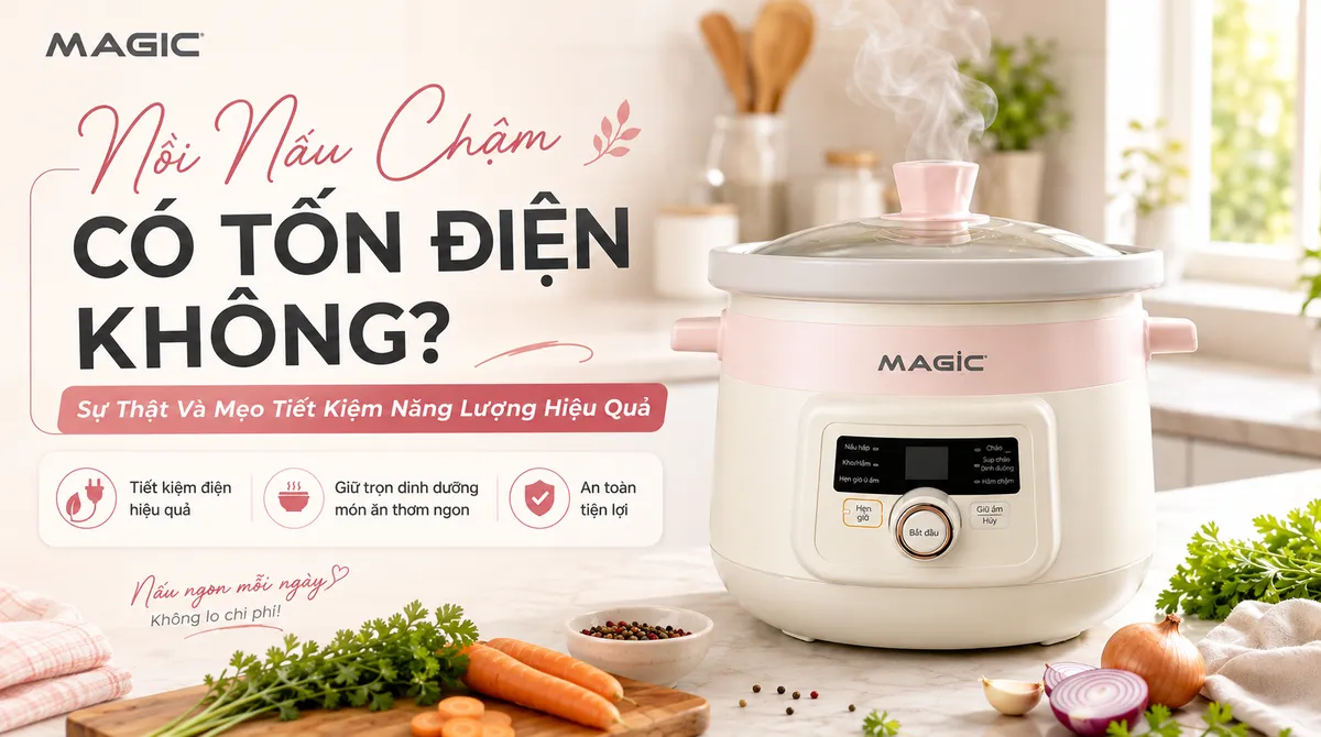 Nồi nấu chậm đang hoạt động trong không gian bếp hiện đại, minh họa sự tiện lợi và khả năng tiết kiệm điện hiệu quả.