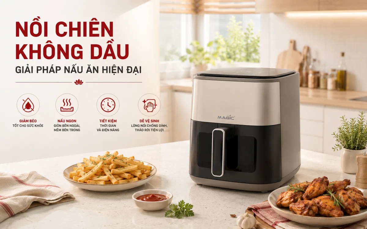 Có Nên Mua Nồi Chiên Không Dầu Không? Phân Tích Ưu Nhược Điểm & Lời Khuyên Từ Chuyên Gia 1 Hình ảnh nồi chiên không dầu hiện đại Magic Eco trong căn bếp sạch sẽ, có đĩa khoai tây chiên giòn, ít dầu mỡ, tượng trưng cho giải pháp nấu ăn lành mạnh.
