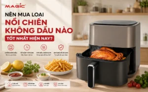 Nồi chiên không dầu hiện đại đang chế biến món gà rán giòn ngon, minh họa công nghệ không dầu trong căn bếp sạch sẽ.