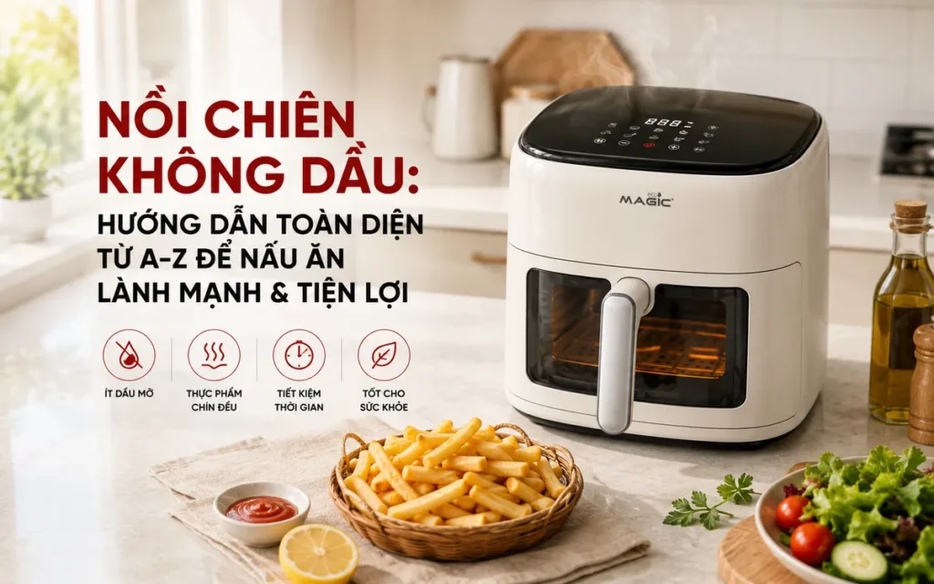 Nồi chiên không dầu Magic Eco AC-164 đang hoạt động trong căn bếp hiện đại, chế biến món ăn lành mạnh.