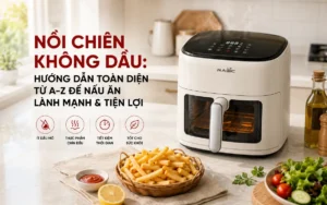 Nồi chiên không dầu Magic Eco AC-164 đang hoạt động trong căn bếp hiện đại, chế biến món ăn lành mạnh.