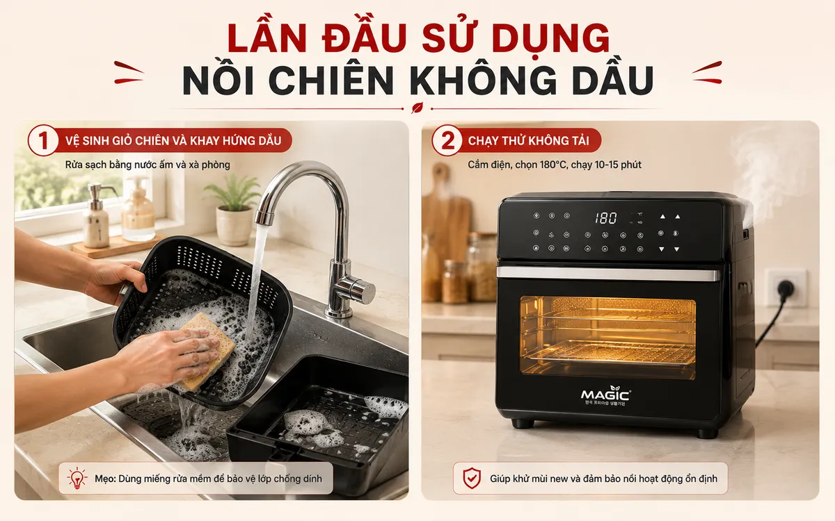 Các bước chuẩn bị nồi chiên không dầu lần đầu sử dụng, bao gồm làm sạch giỏ chiên và chạy thử không tải để đảm bảo an toàn và hiệu quả.