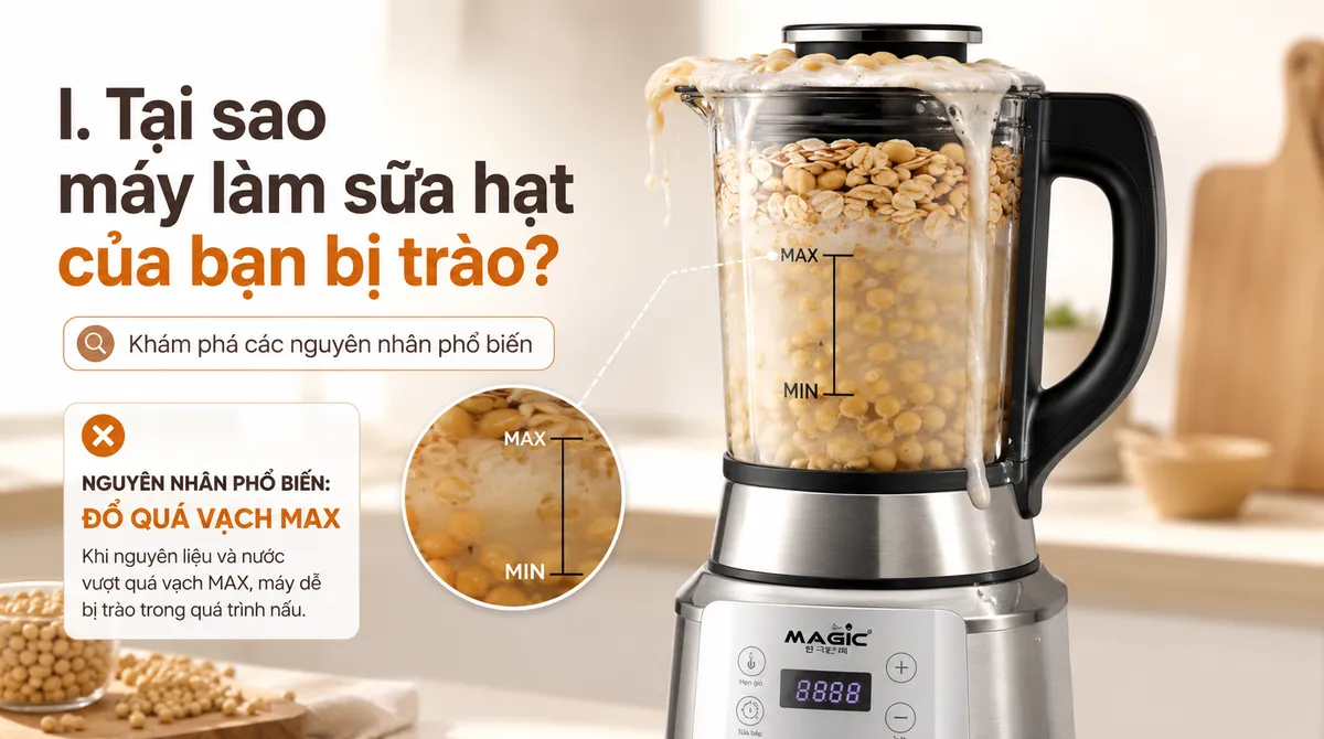 Cận cảnh cối máy làm sữa hạt MAGIC Eco AC-145 với vạch định mức Min/Max và nguyên liệu hạt bị đong đếm quá mức gây trào.
