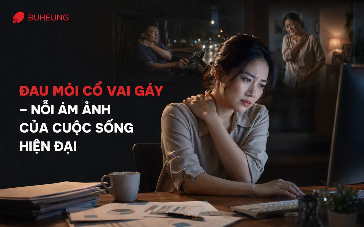 Hình ảnh nhân viên văn phòng, tài xế, người cao tuổi mệt mỏi vì đau mỏi cổ vai gáy, cần máy massage.