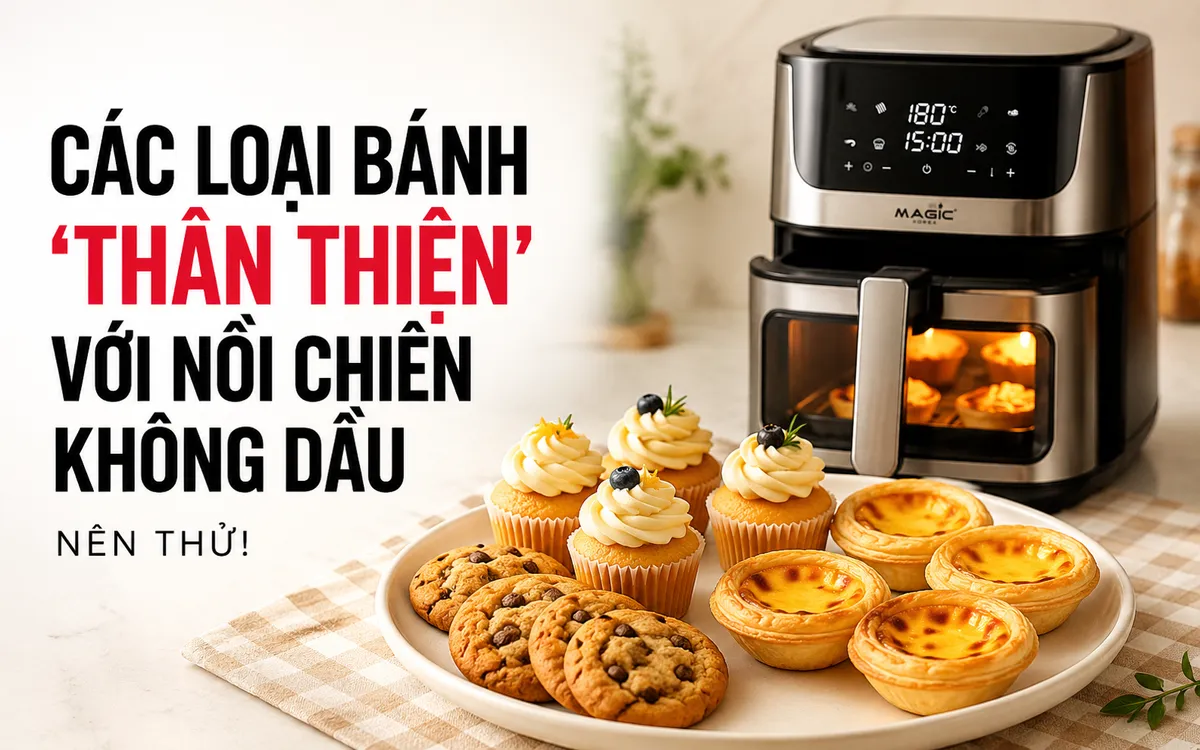 Đĩa bánh cupcake, bánh quy và bánh tart trứng nhỏ vừa nướng xong bằng nồi chiên không dầu, minh họa các loại bánh phù hợp.