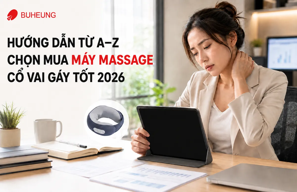 Hướng Dẫn Từ A-Z Chọn Mua Máy Massage Cổ Vai Gáy Tốt 2026 1 Người làm việc văn phòng mệt mỏi vì đau cổ vai gáy, đang tìm kiếm máy massage cổ vai gáy hiện đại