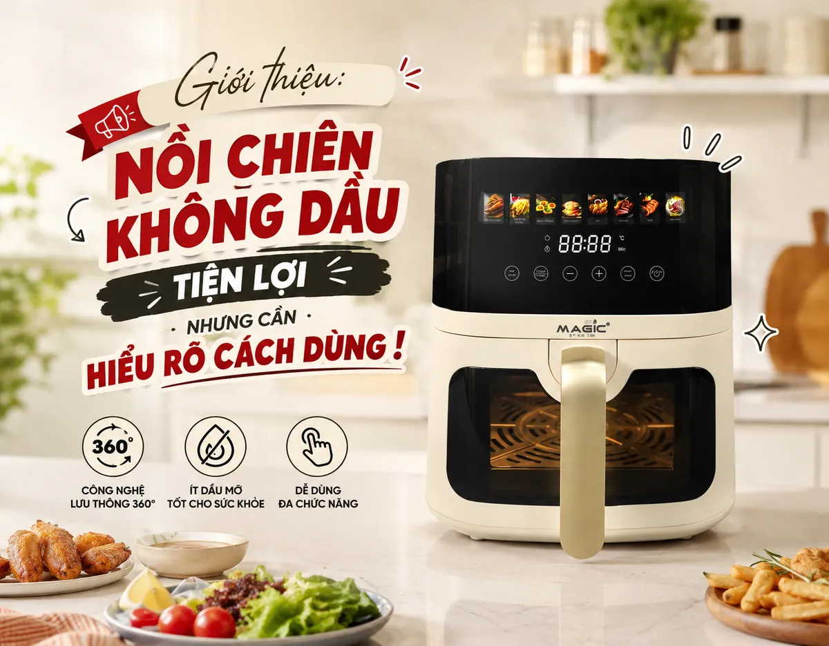 Thực Phẩm Không Nên Cho Vào Nồi Chiên Không Dầu: Hướng Dẫn An Toàn Từ A-Z 1 Hình ảnh nồi chiên không dầu hiện đại trong không gian bếp sạch sẽ, minh họa cách sử dụng an toàn và lợi ích sức khỏe, không có thực phẩm không nên cho vào nồi chiên không dầu.