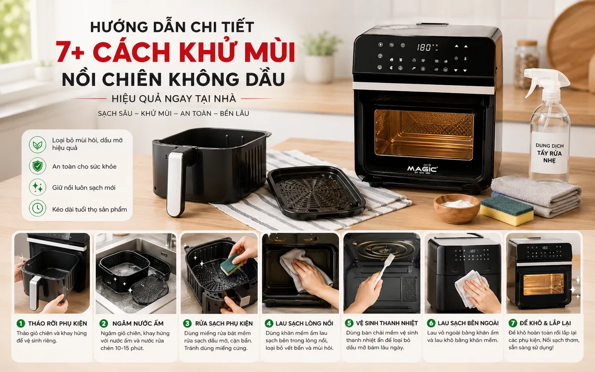 Nồi Chiên Không Dầu Bị Ám Mùi: Nguyên Nhân & 7+ Cách Khử Mùi Hiệu Quả Nhất Tại Nhà 3 Các bước vệ sinh và khử mùi nồi chiên không dầu đúng cách tại nhà, bao gồm tháo rời, lau chùi lòng nồi và thanh nhiệt để loại bỏ mùi. Cách khử mùi nồi chiên không dầu hiệu quả.