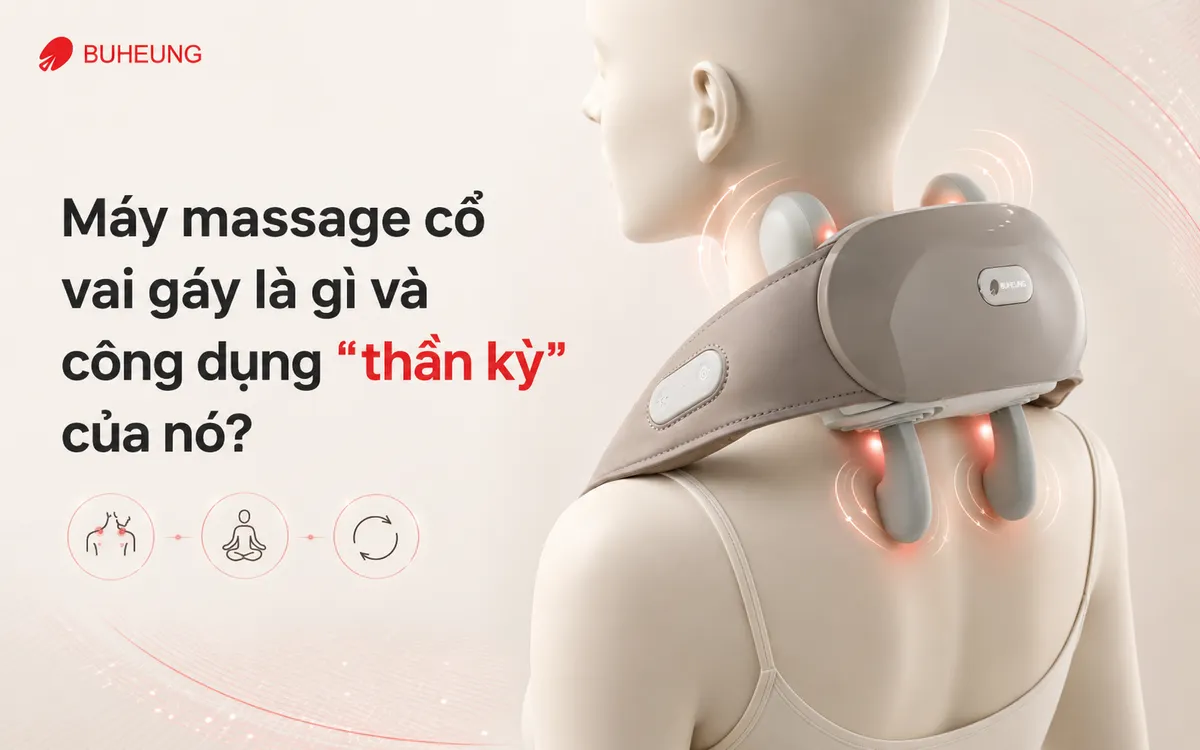 Máy massage cổ vai gáy đang hoạt động, minh họa công dụng giảm đau, thư giãn, cải thiện lưu thông máu.