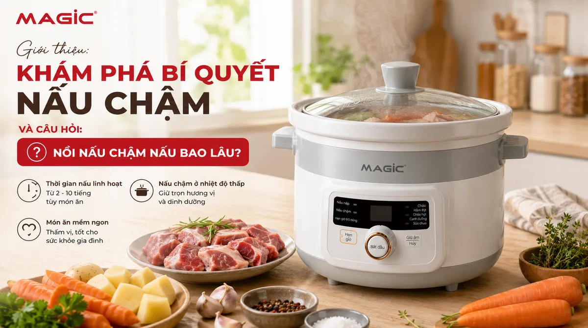 Nồi nấu chậm đang hoạt động với hơi bốc lên, xung quanh là nguyên liệu tươi ngon, minh họa sự tiện lợi khi nấu các món hầm bổ dưỡng mà không tốn công giám sát. Từ khóa: nồi nấu chậm nấu bao lâu.