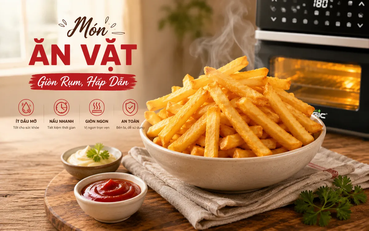 Tô khoai tây chiên vàng giòn, nóng hổi chấm tương ớt, món ăn vặt làm từ nồi chiên không dầu.