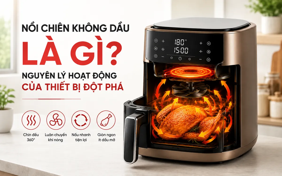 Sơ đồ minh họa chi tiết nguyên lý hoạt động của nồi chiên không dầu với công nghệ Rapid Air, luồng khí nóng tuần hoàn.