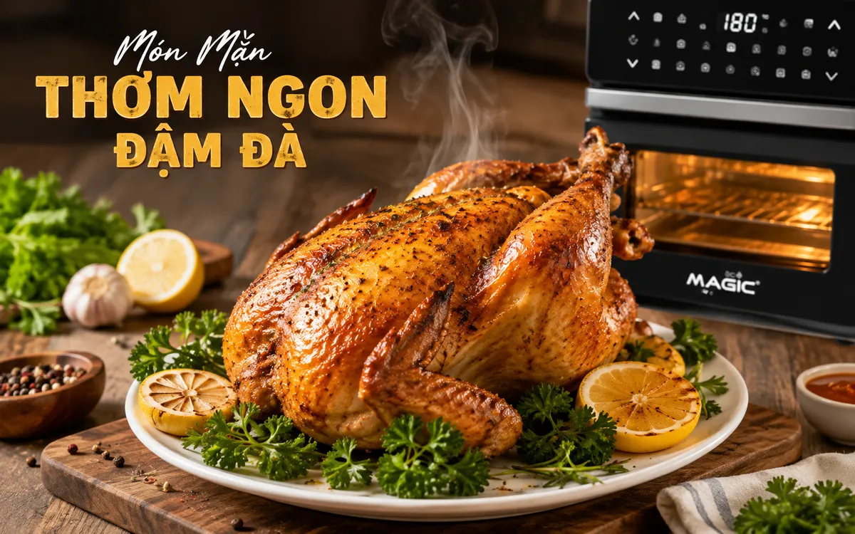 Gà nướng vàng ươm, da giòn rụm vừa ra lò từ nồi chiên không dầu, món mặn hấp dẫn.