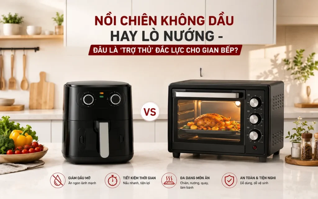 Nồi chiên không dầu Magic Eco và lò nướng điện hiện đại đặt cạnh nhau trong bếp, minh họa sự tiện lợi và đa năng cho cuộc sống hiện đại.