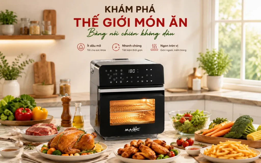Khám Phá Thế Giới Món Ăn Bằng Nồi Chiên Không Dầu 1 Nồi chiên không dầu Magic Vietnam hoạt động trong bếp hiện đại với nguyên liệu tươi ngon, minh họa món ăn bằng nồi chiên không dầu lành mạnh.