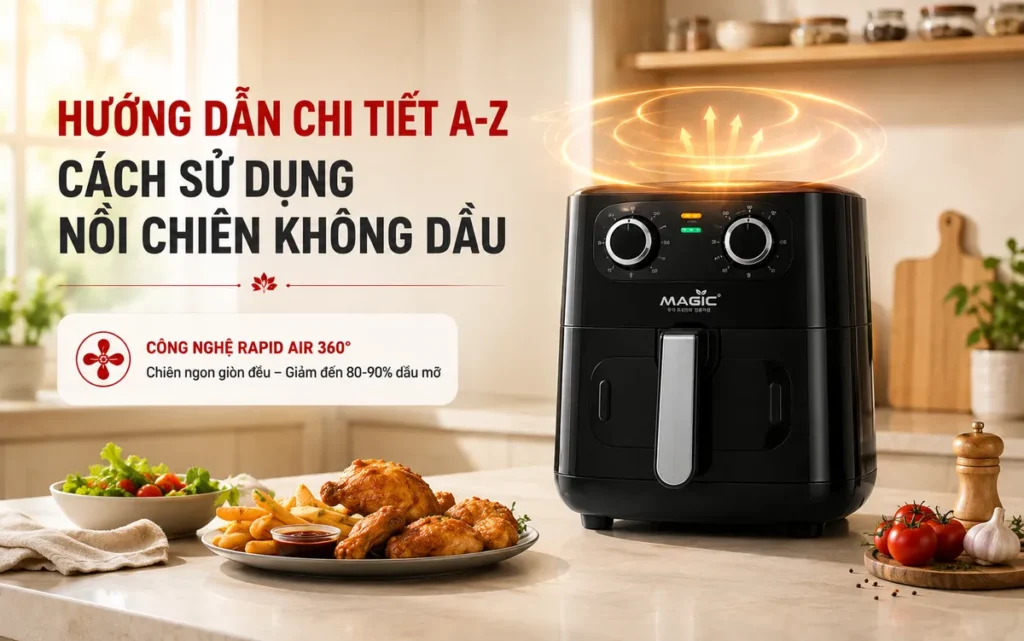 Hình ảnh minh họa nồi chiên không dầu tổng quan với luồng khí nóng tượng trưng, giúp hiểu rõ cách hoạt động và lợi ích của nồi chiên không dầu.