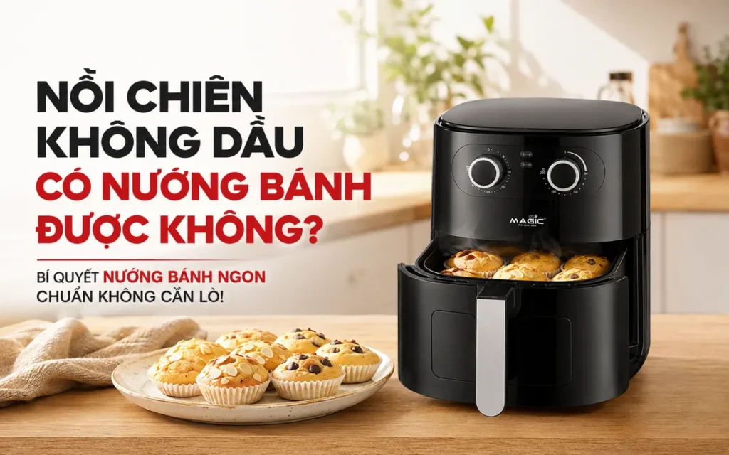 Nồi Chiên Không Dầu Có Nướng Bánh Được Không? Bí Quyết Nướng Bánh Ngon Chuẩn Không Cần Lò! 1 Nồi chiên không dầu đang nướng bánh cupcake, hình ảnh minh họa khả năng nướng bánh ngon chuẩn của nồi chiên không dầu.