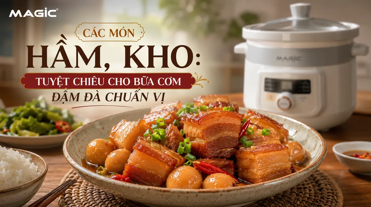 Nồi Nấu Chậm Nấu Được Món Gì? Khám Phá Ẩm Thực Đa Dạng Cùng Trợ Thủ Nhà Bếp Hiện Đại 3 Đĩa thịt kho tàu hấp dẫn, mềm rục, đậm đà được nấu từ nồi nấu chậm Magic, trên bàn ăn gia đình.