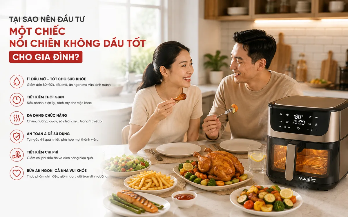 Gia đình hạnh phúc thưởng thức bữa ăn lành mạnh trong căn bếp hiện đại với nồi chiên không dầu tiện lợi, an toàn.