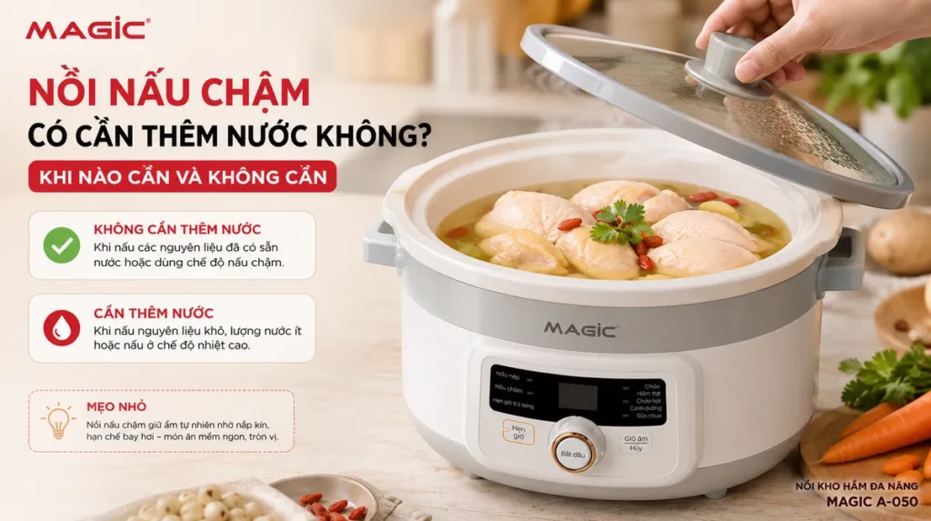 Nồi Nấu Chậm Có Cần Thêm Nước Không? Hướng Dẫn Chi Tiết Để Món Ăn Hoàn Hảo 8 Hình ảnh nồi nấu chậm Magic chứa thịt ức gà và nước dùng vừa phải, minh họa trường hợp cần thêm chất lỏng khi nấu thực phẩm ít tiết nước, liên quan đến nồi nấu chậm có cần thêm nước không.