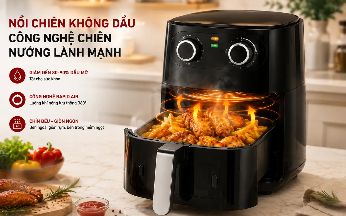 Nồi chiên không dầu Magic Eco AC-126/AC-163 đang hoạt động, chiên gà/khoai tây giòn rụm với công nghệ khí nóng, tốt cho sức khỏe.