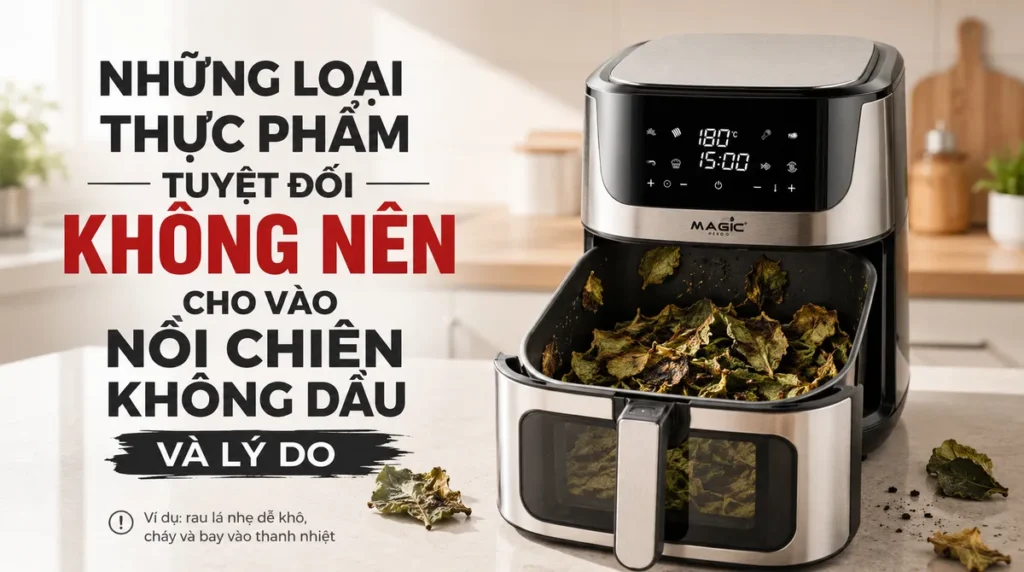 Thực Phẩm Không Nên Cho Vào Nồi Chiên Không Dầu: Hướng Dẫn An Toàn Từ A-Z 3 Rau xanh lá bị khô cháy và quắt lại trong nồi chiên không dầu, ví dụ về thực phẩm không nên cho vào nồi chiên không dầu.
