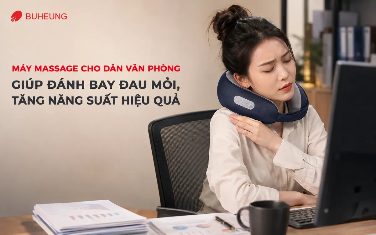 Máy Massage Cho Dân Văn Phòng Giúp Đánh Bay Đau Mỏi, Tăng Năng Suất Hiệu Quả 1 Nhân viên văn phòng mệt mỏi, đau nhức vai gáy và lưng do làm việc liên tục, minh họa vấn đề cần máy massage giảm đau mỏi.