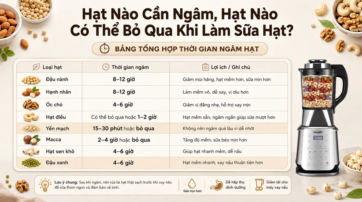 Bảng tổng hợp chi tiết các loại hạt cần ngâm và thời gian ngâm khuyến nghị trước khi làm sữa hạt như đậu nành, hạnh nhân, óc chó, hạt điều, yến mạch. Hướng dẫn này giúp người dùng máy làm sữa hạt hiểu rõ hơn việc ngâm hạt.