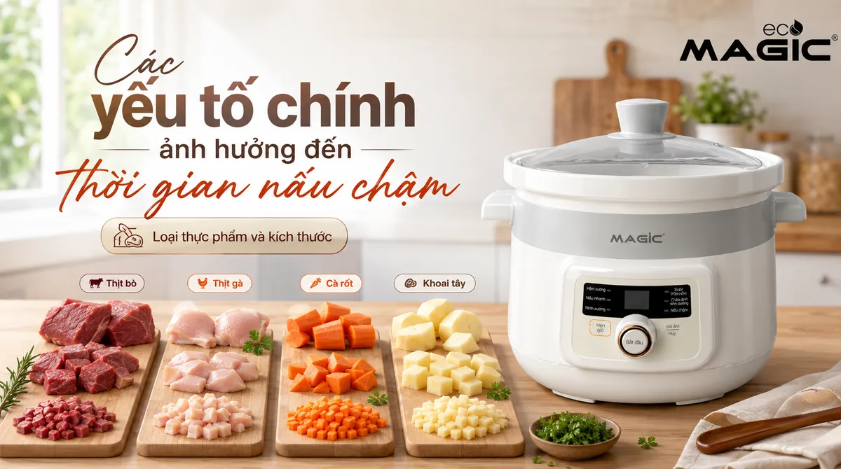 Các loại thực phẩm đa dạng như thịt bò, gà, cà rốt, khoai tây với nhiều kích cỡ khác nhau, đặt cạnh nồi nấu chậm, minh họa yếu tố ảnh hưởng đến thời gian nấu. Từ khóa: nồi nấu chậm nấu bao lâu.