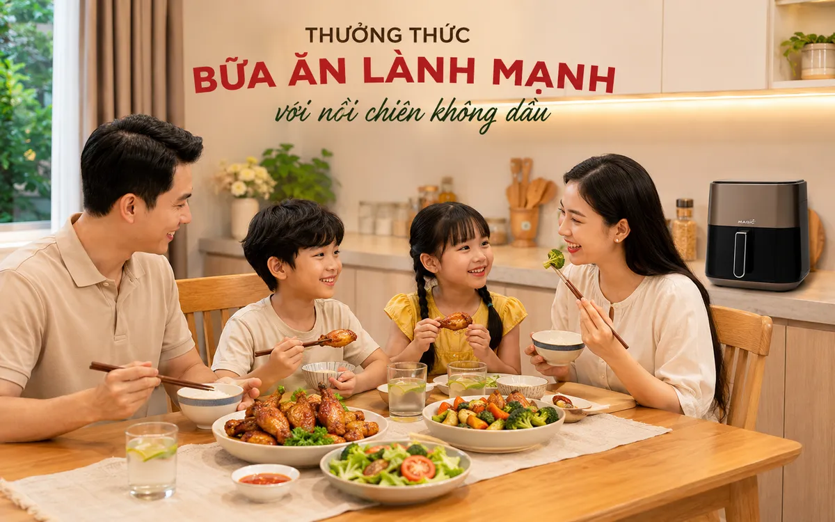Nồi Chiên Không Dầu Từ A-Z Để Nấu Ăn Lành Mạnh & Tiện Lợi 3 Gia đình hạnh phúc thưởng thức bữa ăn lành mạnh với nồi chiên không dầu Magic Eco AC-126, thể hiện sự tiện lợi và tốt cho sức khỏe.