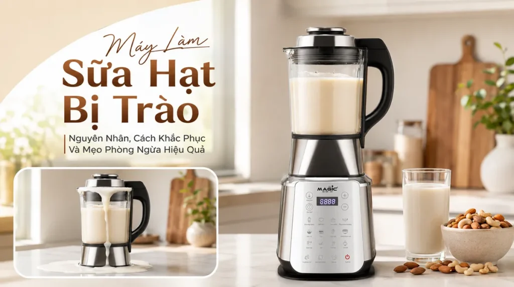 Máy Làm Sữa Hạt Bị Trào: Nguyên Nhân, Cách Khắc Phục Và Mẹo Phòng Ngừa Hiệu Quả 6 Máy làm sữa hạt MAGIC Eco AC-145 đang hoạt động bình thường và hình ảnh nhỏ minh họa sữa hạt bị trào ra ngoài.