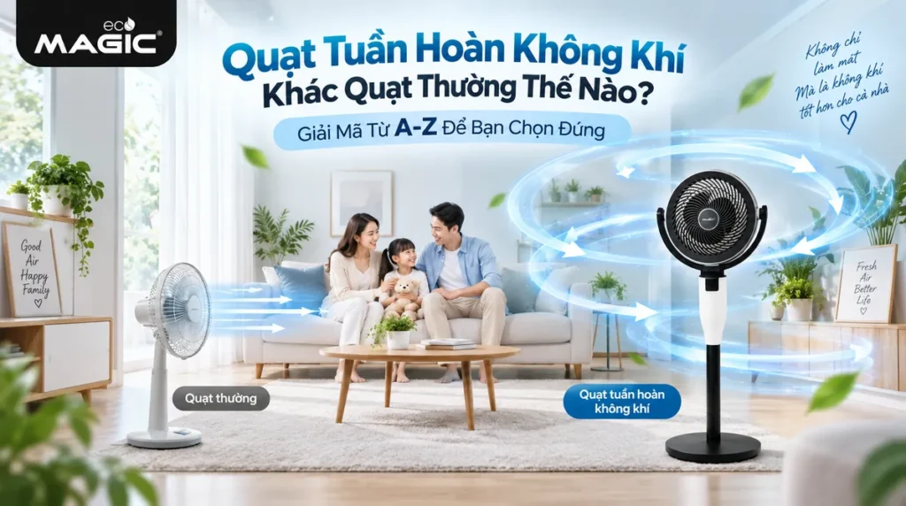 Quạt Tuần Hoàn Không Khí Khác Quạt Thường Thế Nào? Giải Mã Từ A-Z Để Bạn Chọn Đúng 3 So sánh trực quan giữa quạt thường (ví dụ: quạt tích điện mini A-028) và quạt tuần hoàn không khí trong không gian sống hiện đại, làm nổi bật sự khác biệt về thiết kế và luồng gió.