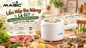 Hình ảnh lẩu hấp đa năng hiện đại đang được sử dụng trong căn bếp ấm cúng, thể hiện sự tiện lợi và đa năng của thiết bị nhà bếp này.