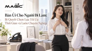 Bàn ủi hơi nước đứng đang làm phẳng bộ vest treo trên giá, giải pháp tối ưu cho gia đình và các loại trang phục công sở cao cấp của người đi làm.