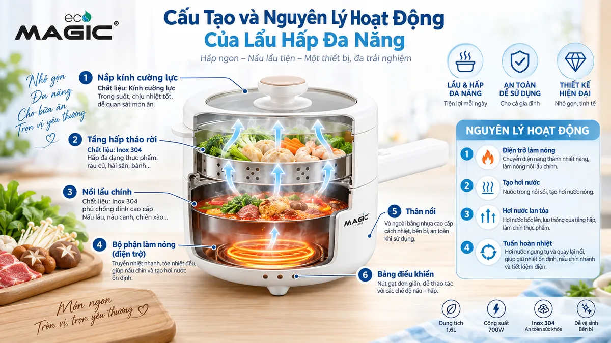 Lẩu Hấp Đa Năng Là Gì? Khám Phá Công Dụng & Lợi Ích Tuyệt Vời Cho Bếp Việt! 3 Sơ đồ cắt lớp minh họa cấu tạo bên trong của lẩu hấp đa năng, chỉ rõ các bộ phận chính và nguyên lý hoạt động.