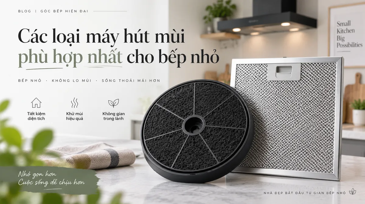 Cận cảnh bộ lọc than hoạt tính và lưới lọc dầu mỡ của máy hút mùi tuần hoàn, minh họa công nghệ lọc khí.