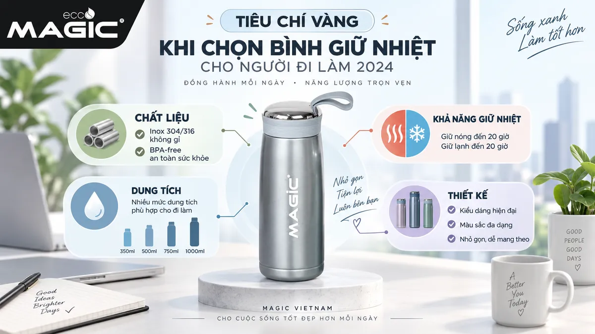 Bình Giữ Nhiệt Cho Người Đi Làm: Hướng Dẫn Chọn Mua Tốt Nhất & Đánh Giá Chi Tiết 2026 7 Infographic tiêu chí chọn bình giữ nhiệt cho người đi làm 2024: chất liệu an toàn, dung tích phù hợp, khả năng giữ nhiệt và thiết kế hiện đại, hướng dẫn mua bình giữ nhiệt.