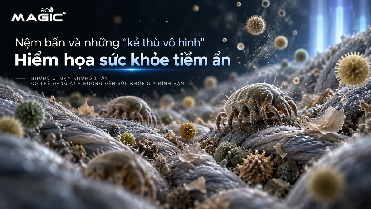 Máy Hút Bụi Nệm Có Cần Thiết Không? Phân Tích Chuyên Sâu Từ A-Z 2 Hình ảnh cận cảnh mạt bụi nhà, vi khuẩn, và các tác nhân gây dị ứng ẩn sâu trong nệm, minh họa hiểm họa sức khỏe tiềm ẩn từ nệm bẩn.
