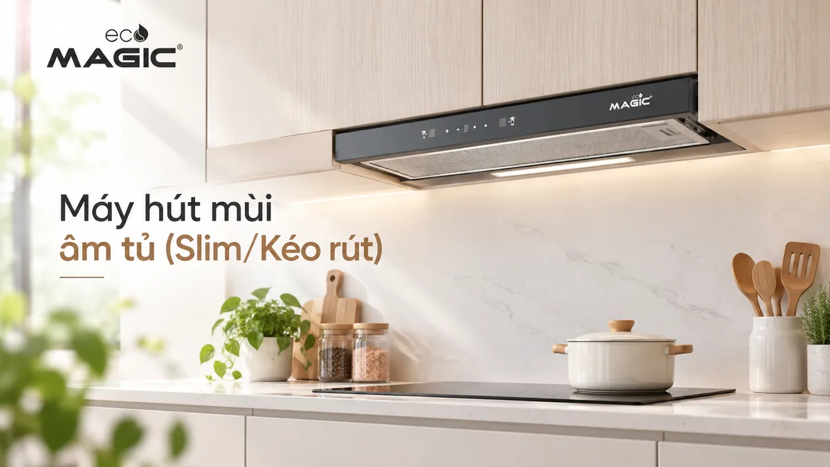 Máy hút mùi âm tủ dạng kéo rút tích hợp gọn gàng trong tủ bếp, tối ưu hóa không gian cho bếp nhỏ hiện đại.