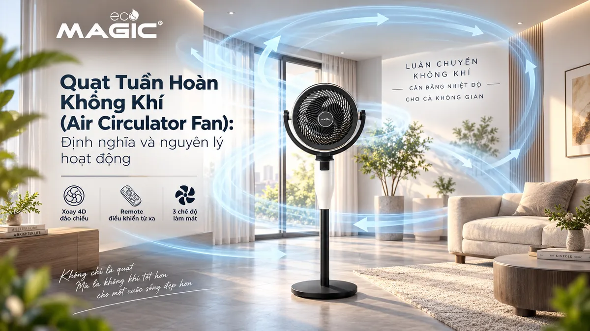 Infographic tổng hợp so sánh chi tiết giữa quạt thường và quạt tuần hoàn không khí về luồng gió, hiệu quả làm mát và mục đích sử dụng.